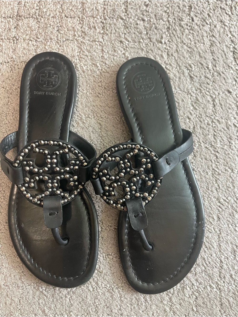 Tory Burch Black Leather Logo Studded Thong Sandals